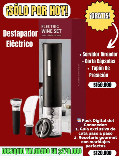 Electric Wine™ SET DE VINOS Sacacorchos Eléctrico + Corta Cápsulas + Servidor Aireador + Tapón al vacío + 2 Guías Digitales (Recetas y Aprende a Catar vino)